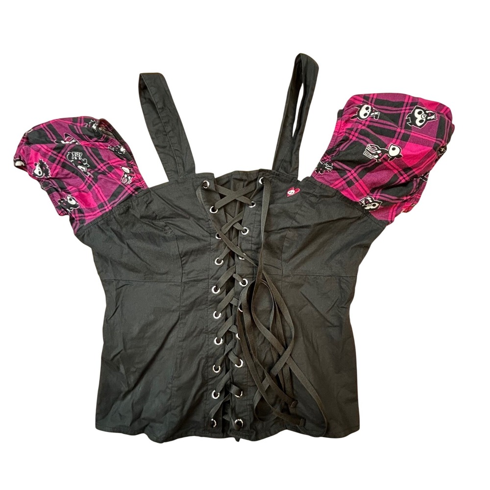 Skelanimals Womens Lace Up Corset Black‎ Pink Plaid Top Puff Sleeve Emo Goth M
